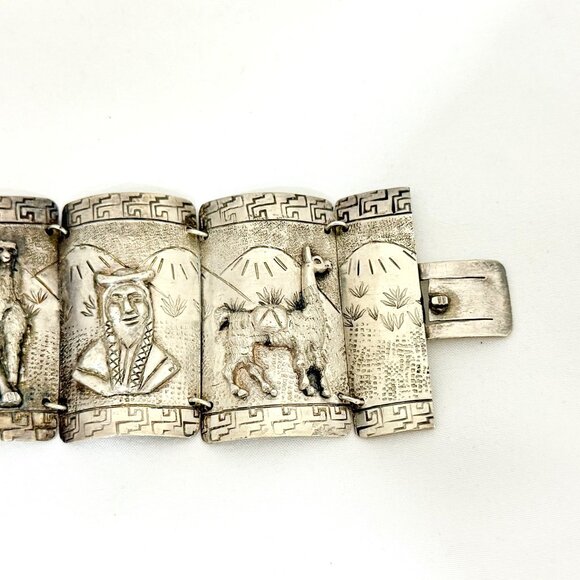Vintage Peruvian Storyteller Panel Bracelet 900 Silver Signed - Picture 6 of 11